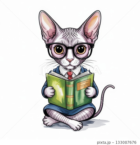 Cute Watercolor Illustration of a Scholarly Cat Reading a Book in a Formal Outfit 133087676