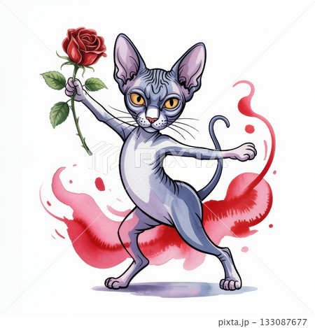 Creative Watercolor Illustration of a Cat Holding a Rose in a Playful Pose 133087677