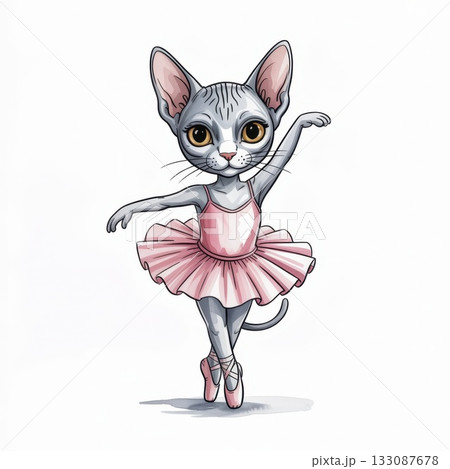 Ballet Cat Gracefully Dancing in a Pink Tutu on a Bright White Background 133087678