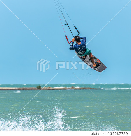 Kite surfing at Barra Grande beach on the coast of Piaui, northe 133087729