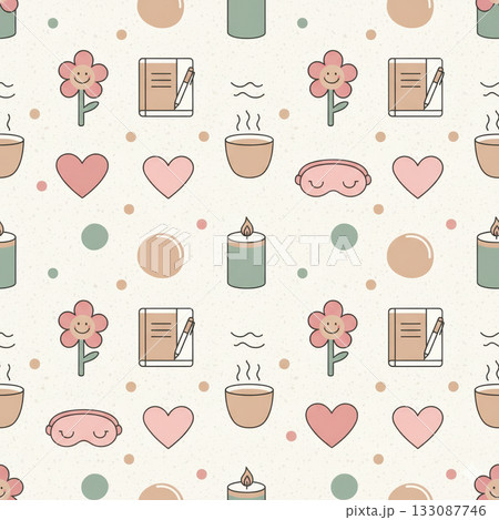 Calm pastel seamless pattern featuring hearts, flowers, candles, coffee, sleep mask, and journal. Gentle wellness theme ideal for stationery and lifestyle design. Vector illustration Calm pastel seamless pattern featuring hearts, flowers, candles, coffee, sleep mask, and journal. Gentle wellness theme ideal for stationery and lifestyle design. Vector illustration 133087746
