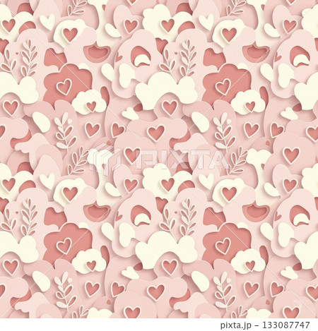 Soft pink paper-cut seamless pattern with layered hearts, abstract shapes, and leaves. Romantic and gentle texture perfect for Valentines themes and packaging. Vector illustration 133087747