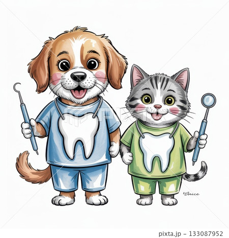 Cute Watercolor Illustration of a Dog and Cat as Dental Hygienists Ready to Help Pets 133087952