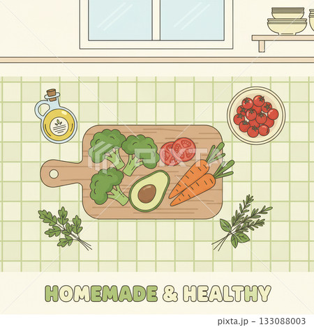 Minimal flat vector of fresh vegetables and olive oil on kitchen table. Homemade healthy meal preparation concept promoting wellness and balance. Vector illustration Minimal flat vector of fresh vegetables and olive oil on kitchen table. Homemade healthy meal preparation concept promoting wellness and balance. Vector illustration 133088003