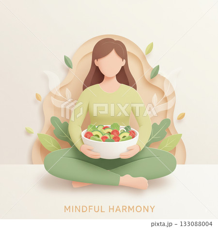 Elegant paper cut style vector illustration of woman holding bowl of fresh salad symbolizing mindful eating, health, and harmony with nature. Vector illustration 133088004