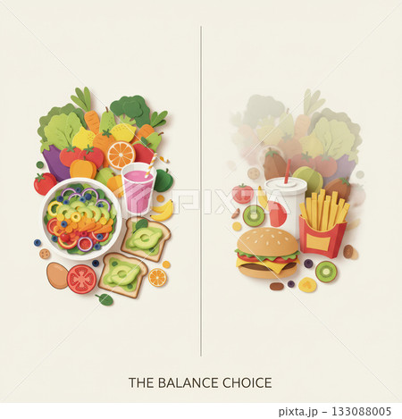 Paper cut vector illustration showing contrast between fresh healthy foods and fast food choices. Concept of balanced diet and mindful nutrition. Vector illustration Paper cut vector illustration showing contrast between fresh healthy foods and fast food choices. Concept of balanced diet and mindful nutrition. Vector illustration 133088005