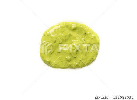 Green mojo verde sauce smear, dressing splatter drip, Canary Islands food Green mojo verde sauce smear, dressing splatter drip, Canary Islands food 133088030