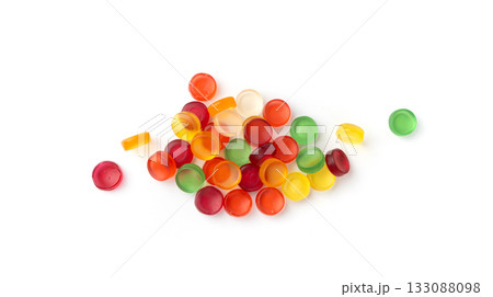 Round gummy candy pile isolated. Chewing colorful marmalade pills, jelly gumdrops heap 133088098