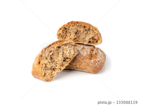 Brown rye bun, square gluten free bread, whole grain healthy breakfast bread Brown rye bun, square gluten free bread, whole grain healthy breakfast bread 133088119