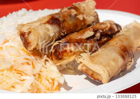 Fried spring rolls. Crispy springrolls, roasted egg rolls with boiled rice and cabbage salad Fried spring rolls. Crispy springrolls, roasted egg rolls with boiled rice and cabbage salad 133088125