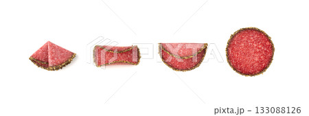 Pepper salami cuts isolated, thin sausage slices. Sliced dry chorizo, sausages round pieces 133088126
