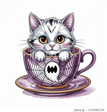 Adorable Watercolor Illustration of a Kitten in a Spooky Tea Cup With Spider Web Design for Halloween Adorable Watercolor Illustration of a Kitten in a Spooky Tea Cup With Spider Web Design for Halloween 133088150