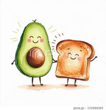 Cute Avocado and Toast Characters Smiling Together in a Cheerful, Colorful Illustration Cute Avocado and Toast Characters Smiling Together in a Cheerful, Colorful Illustration 133088305