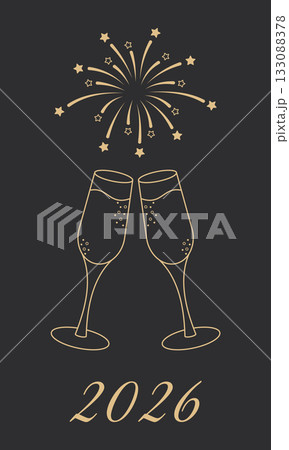 Festive New Year 2026 celebration illustration with two champagne glasses clinking together and bright fireworks above, perfect for holiday greeting cards, party invitations, event decorations 133088378