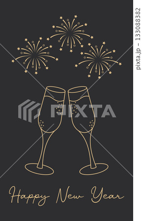 Happy New Year celebration illustration with two champagne glasses making a festive toast and firework explosion above. Elegant holiday greeting design for party invitation, celebration card Happy New Year celebration illustration with two champagne glasses making a festive toast and firework explosion above. Elegant holiday greeting design for party invitation, celebration card 133088382