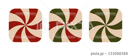 Set of peppermint candy swirl icons in vintage Christmas colors. Festive holiday sweet peppermint design elements for winter decorations, packaging, greeting cards, prints, seasonal graphic projects Set of peppermint candy swirl icons in vintage Christmas colors. Festive holiday sweet peppermint design elements for winter decorations, packaging, greeting cards, prints, seasonal graphic projects 133088389