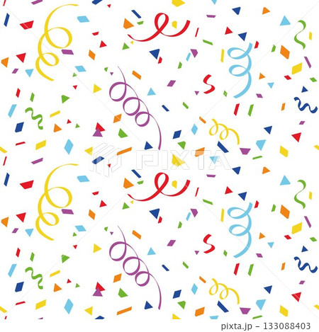 Colorful confetti seamless pattern with ribbons and paper shapes on white background. Festive celebration design for birthday, party, New Year, carnival, wrapping paper, cheerful holiday decoration 133088403