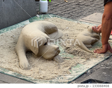 Sand sculpture of dog and puppy created by street artist. Artistic performance, creativity, and craftsmanship expression in urban environment. Sand sculpture of dog and puppy created by street artist. Artistic performance, creativity, and craftsmanship expression in urban environment. 133088408