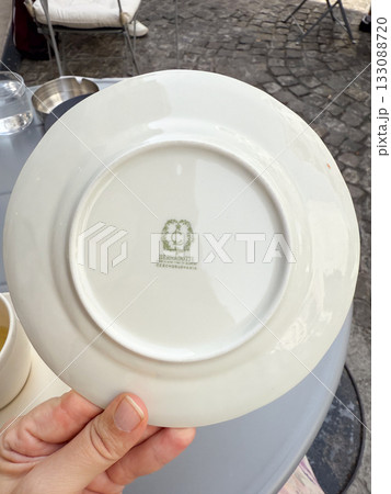 Bottom of porcelain plate with Bernadotte Czechoslovakia mark. Vintage tableware, classic craftsmanship, and collectible ceramic design. Bottom of porcelain plate with Bernadotte Czechoslovakia mark. Vintage tableware, classic craftsmanship, and collectible ceramic design. 133088720