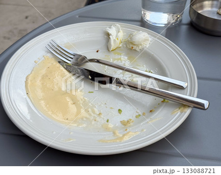 Messy empty plate with fork and knife after finished meal. Everyday dining, modern cafe lifestyle, and simplicity of urban morning breakfast. Messy empty plate with fork and knife after finished meal. Everyday dining, modern cafe lifestyle, and simplicity of urban morning breakfast. 133088721