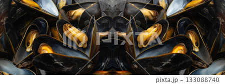 Mussels Pile Closeup, Unshelled Clams, Peeled Mussels, Open Shellfish, Seafood on White Background Mussels Pile Closeup, Unshelled Clams, Peeled Mussels, Open Shellfish, Seafood on White Background 133088740