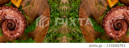 Grilled octopus tentacle on black stone plate served with shrimps Grilled octopus tentacle on black stone plate served with shrimps 133088761