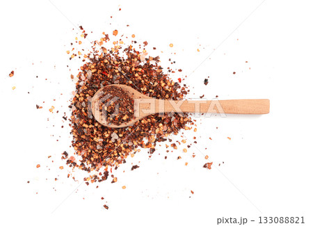 Chili and salt seasoning, red chilli pepper spice powder, dry crushed hot pepper flakes 133088821