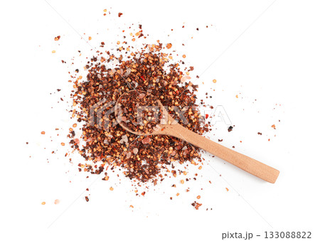 Chili and salt seasoning, red chilli pepper spice powder, dry crushed hot pepper flakes 133088822