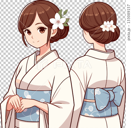 身著和服的女性插圖，正面和背面 133089157