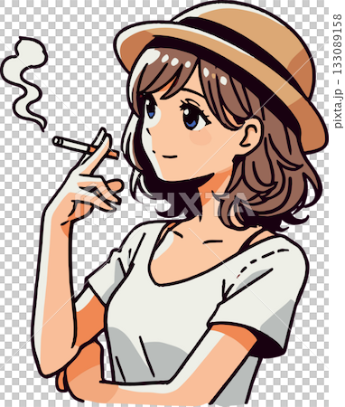 一幅描繪戴帽子的女子吸煙的插圖 133089158