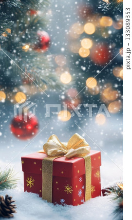 A Festive Red Gift Box Set in a Beautifully Snowy Landscape with Charming Bokeh Lights A Festive Red Gift Box Set in a Beautifully Snowy Landscape with Charming Bokeh Lights 133089353