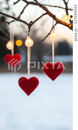 Festive rustic winter decoration, Handcrafted felt heart adorns snowy tree, Decorative handcrafted red felt heart hanging from snowcovered branches in warm candlelight Festive rustic winter decoration, Handcrafted felt heart adorns snowy tree, Decorative handcrafted red felt heart hanging from snowcovered branches in warm candlelight 133089505