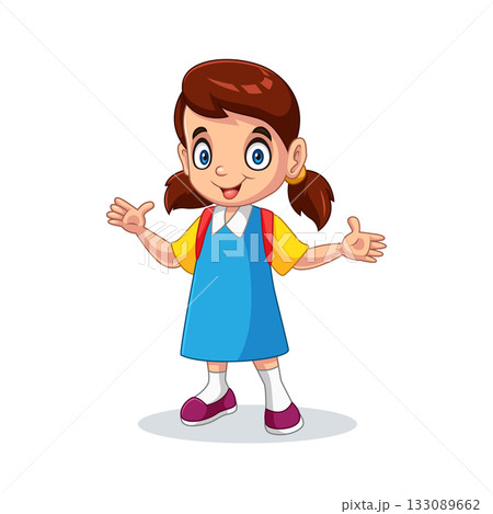 Cartoon of a little girl standing with a bag waving her hand Cartoon of a little girl standing with a bag waving her hand 133089662