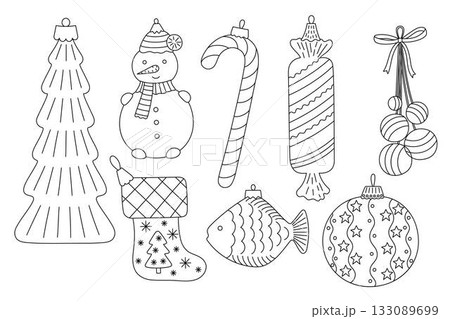 Christmas tree bauble set lollipop, fish, snowman, stocking festive decor doodle outline hand drawn vector illustration for winter holiday seasonal greeting card, invitation, sticker, line art clipart Christmas tree bauble set lollipop, fish, snowman, stocking festive decor doodle outline hand drawn vector illustration for winter holiday seasonal greeting card, invitation, sticker, line art clipart 133089699