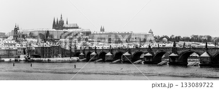 Winter Prague Panoramic Cityscape with Prague Castle, Charles Bridge and Vltava River. Czech Republic. Black and white image. 133089722