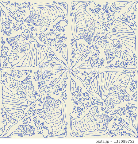 Blue and beige line art conch shell and corals coastal seamless pattern Blue and beige line art conch shell and corals coastal seamless pattern 133089752