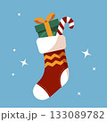 Сhristmas sock with gift and striped candy cane. Vector illustration in flat cartoon style. 133089782