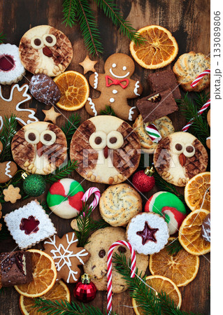 Sweet Christmas cookies on rustic table, top view Sweet Christmas cookies on rustic table, top view 133089806