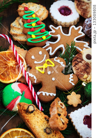 Sweet Christmas cookies on rustic table, top view Sweet Christmas cookies on rustic table, top view 133089808