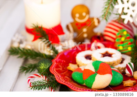 Sweet Shortbread Tricolor cookies and Linzer cookies, Christmas decoration around Sweet Shortbread Tricolor cookies and Linzer cookies, Christmas decoration around 133089816