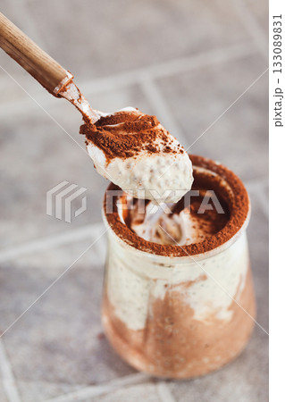 Healthy delicious tiramisu chia seeds pudding dessert Healthy delicious tiramisu chia seeds pudding dessert 133089831