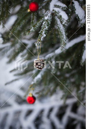 Snow covered fir branches with Christmas decorations on winter outdoor 133089855
