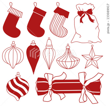 Christmas hand-drawn collection of wrapped gifts with bows, Christmas ornaments and stockings in red color doodle line art style 133089917