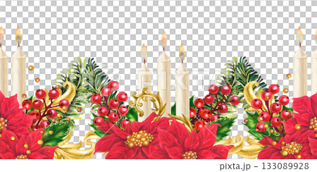 Seamless border featuring red Christmas poinsettias, holly berries, burning candles, vintage gold decor on a white background. Watercolor pattern for invitation, greeting card, tablecloths, home decor Seamless border featuring red Christmas poinsettias, holly berries, burning candles, vintage gold decor on a white background. Watercolor pattern for invitation, greeting card, tablecloths, home decor 133089928