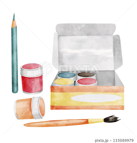 A set of acrylic or gouache paints in an open cardboard box. Jars of multicolored paints, a brush, and a pencil for children's drawing. Watercolor cartoon illustration on a white background for A set of acrylic or gouache paints in an open cardboard box. Jars of multicolored paints, a brush, and a pencil for children's drawing. Watercolor cartoon illustration on a white background for 133089979