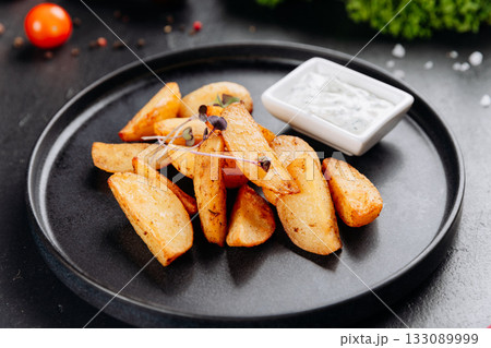 Crispy potato wedges with creamy herb dip on black plate, close up Crispy potato wedges with creamy herb dip on black plate, close up 133089999