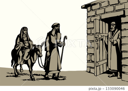 Vector drawing. Man at the door meet Mary and Joseph Vector drawing. Man at the door meet Mary and Joseph 133090046