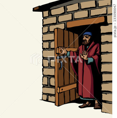 Vector drawing. Man at the door 133090047