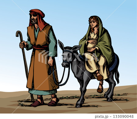 Vector drawing. Mary ride on the donkey Vector drawing. Mary ride on the donkey 133090048