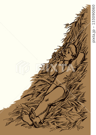 Vector drawing. Boy resting on a hay Vector drawing. Boy resting on a hay 133090060